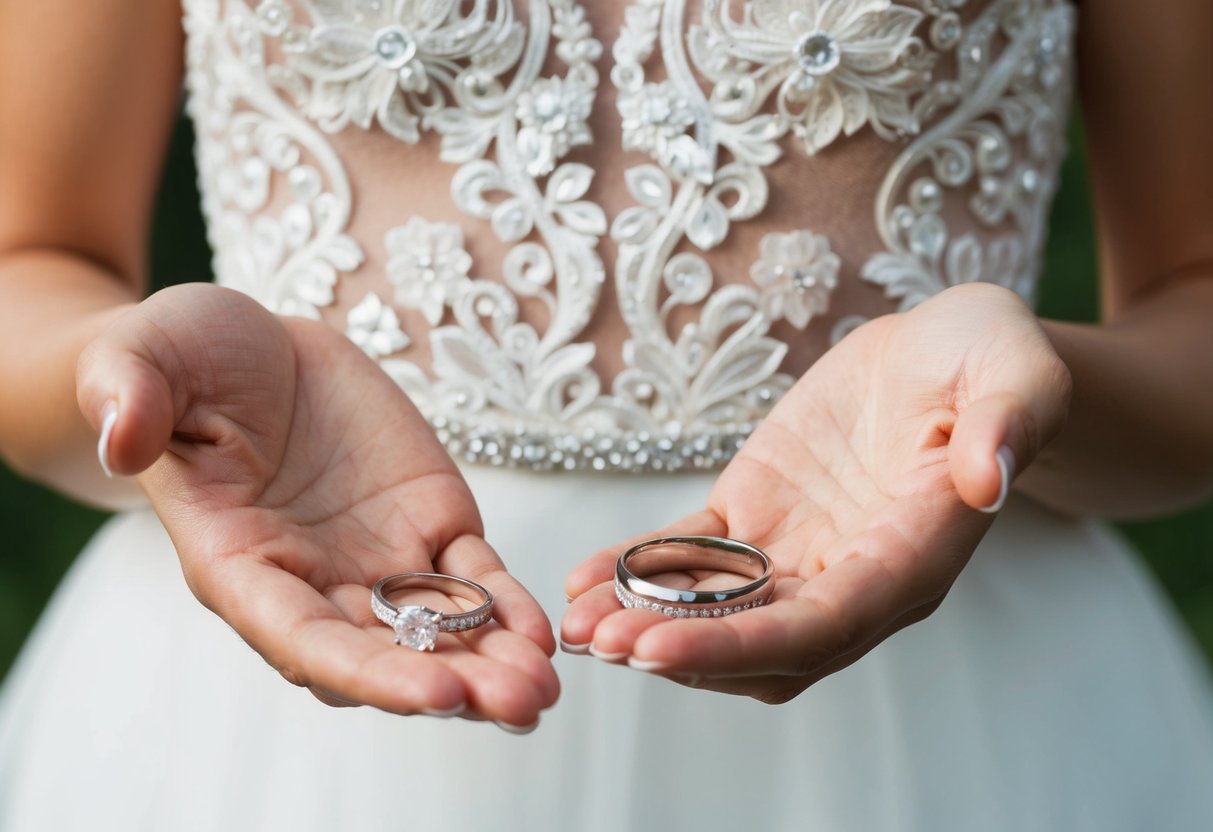 A bride holds her engagement ring in one hand and her wedding band in the other, contemplating which to wear on her special day