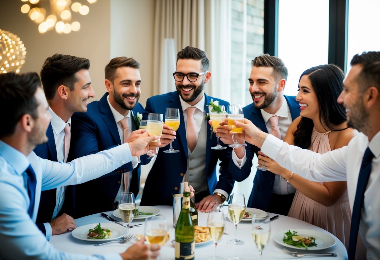 A group of friends gather around a table, toasting the groom with drinks and sharing laughs. The best man is seen footing the bill for the bachelor party festivities