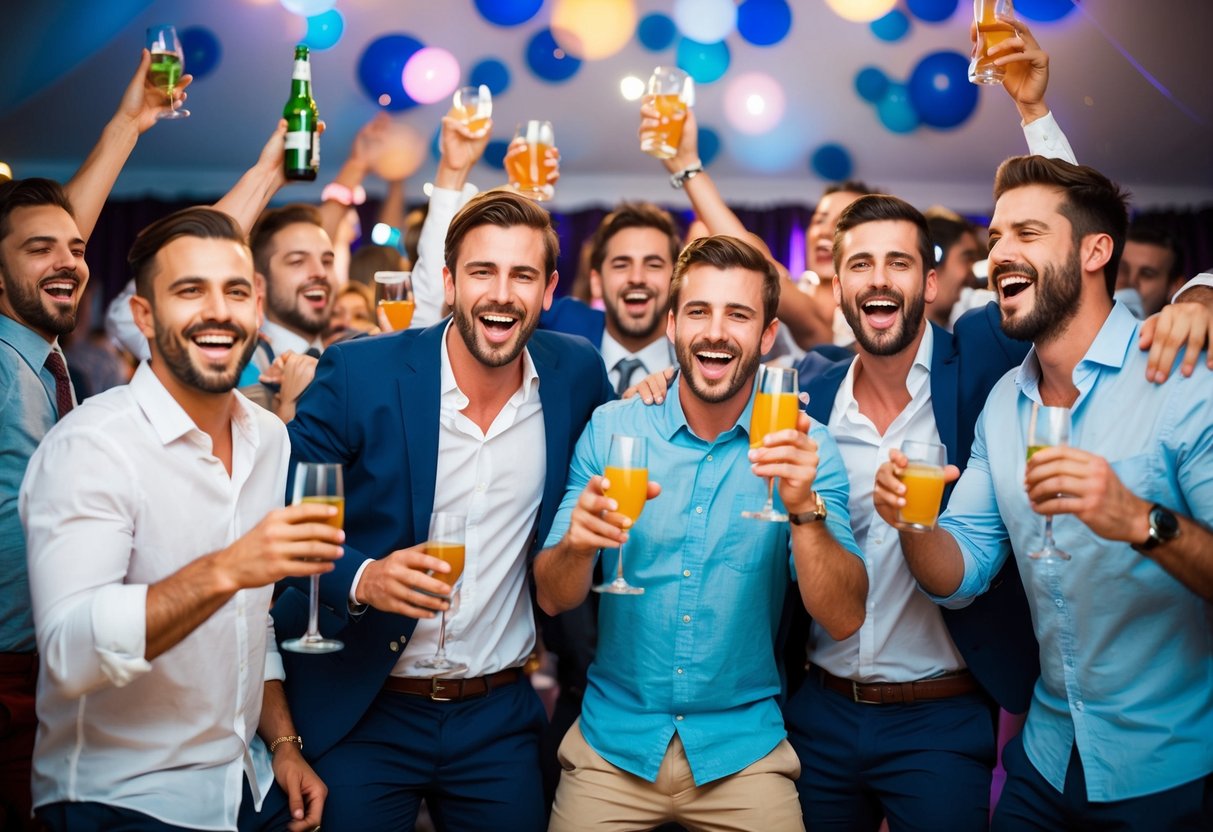 A group of men celebrating at a lively bachelor party, with drinks, music, and laughter filling the air