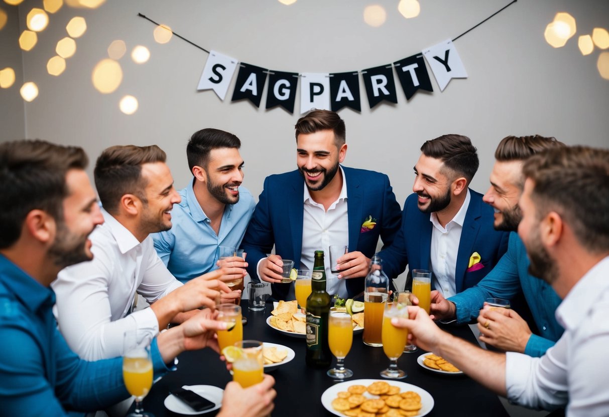 A group of men gather around a table with drinks and snacks, laughing and sharing stories. A banner with "stag party" hangs in the background