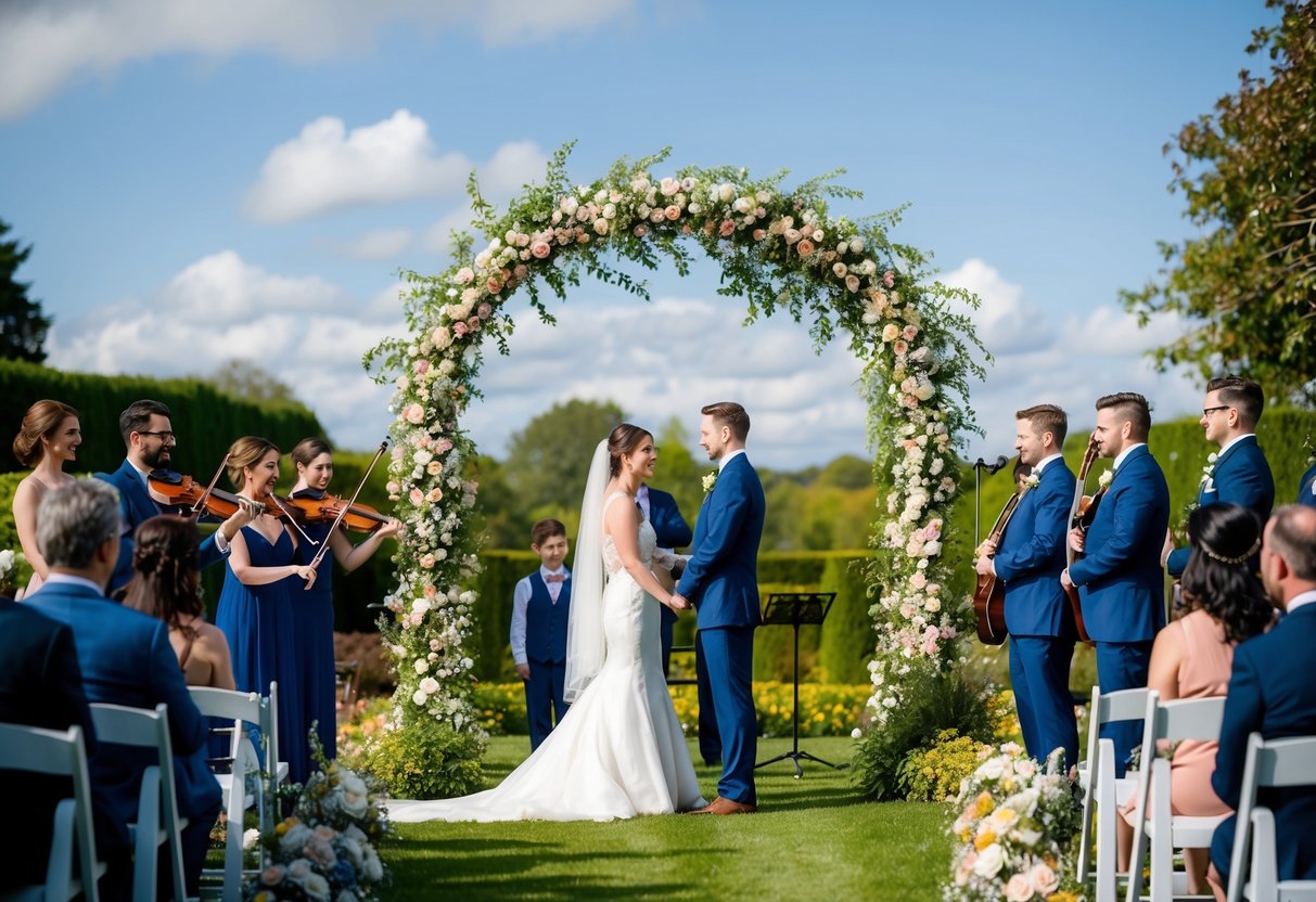 A bride and groom stand beneath a flower-covered arch, surrounded by family and friends. A string quartet plays as they exchange vows in a picturesque garden setting