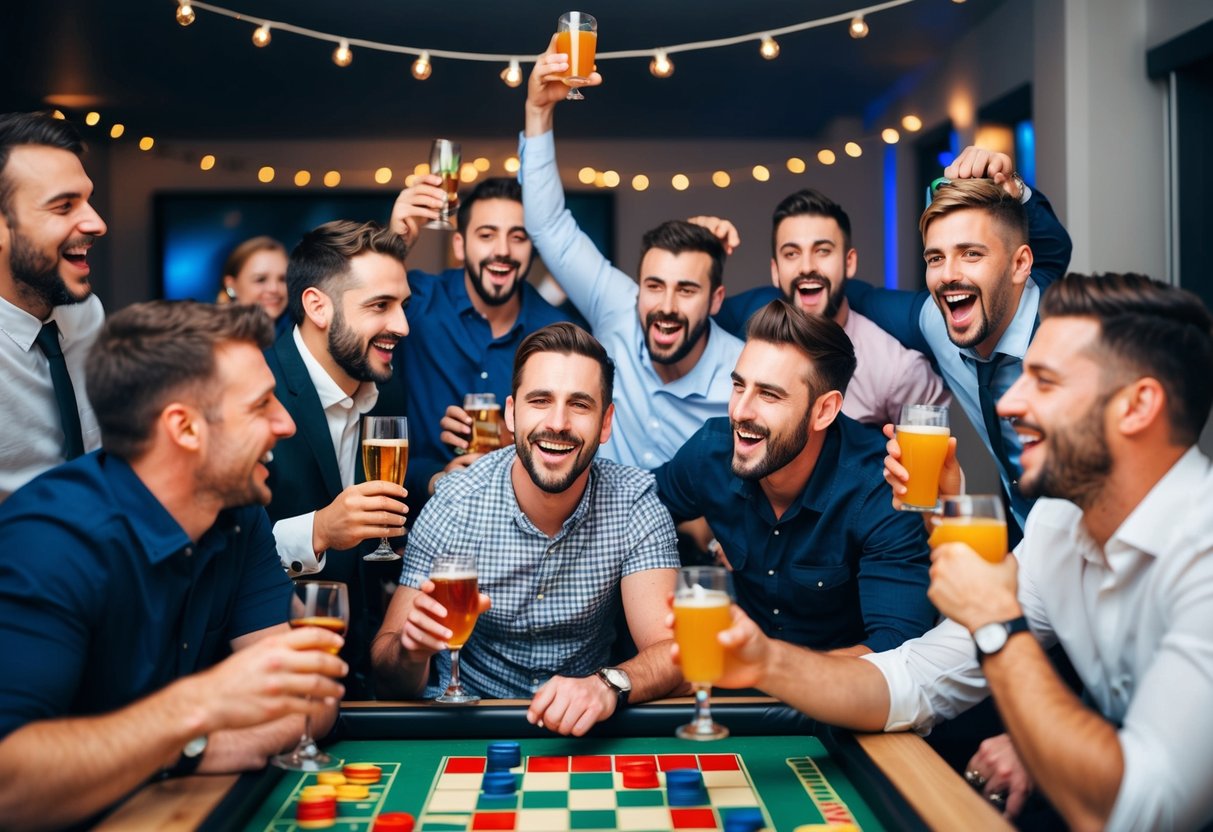 A group of men celebrating at a stag party, with drinks, games, and laughter filling the room
