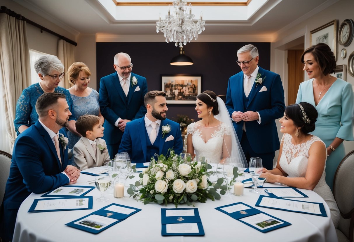 A bride and groom sit at a table, surrounded by family, discussing wedding traditions. Decorations and invitations are spread out on the table