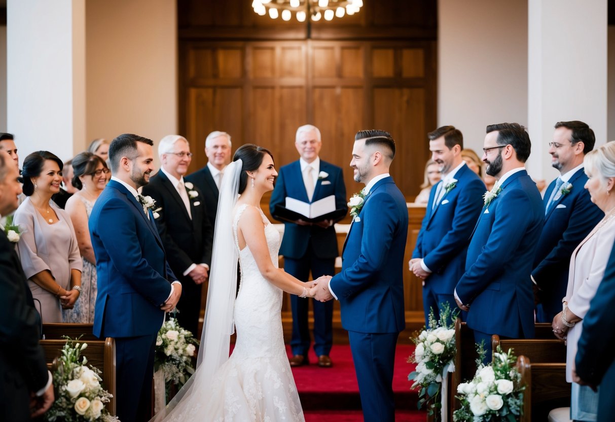 A bride and groom standing at the altar surrounded by family and friends, exchanging vows in a traditional wedding ceremony