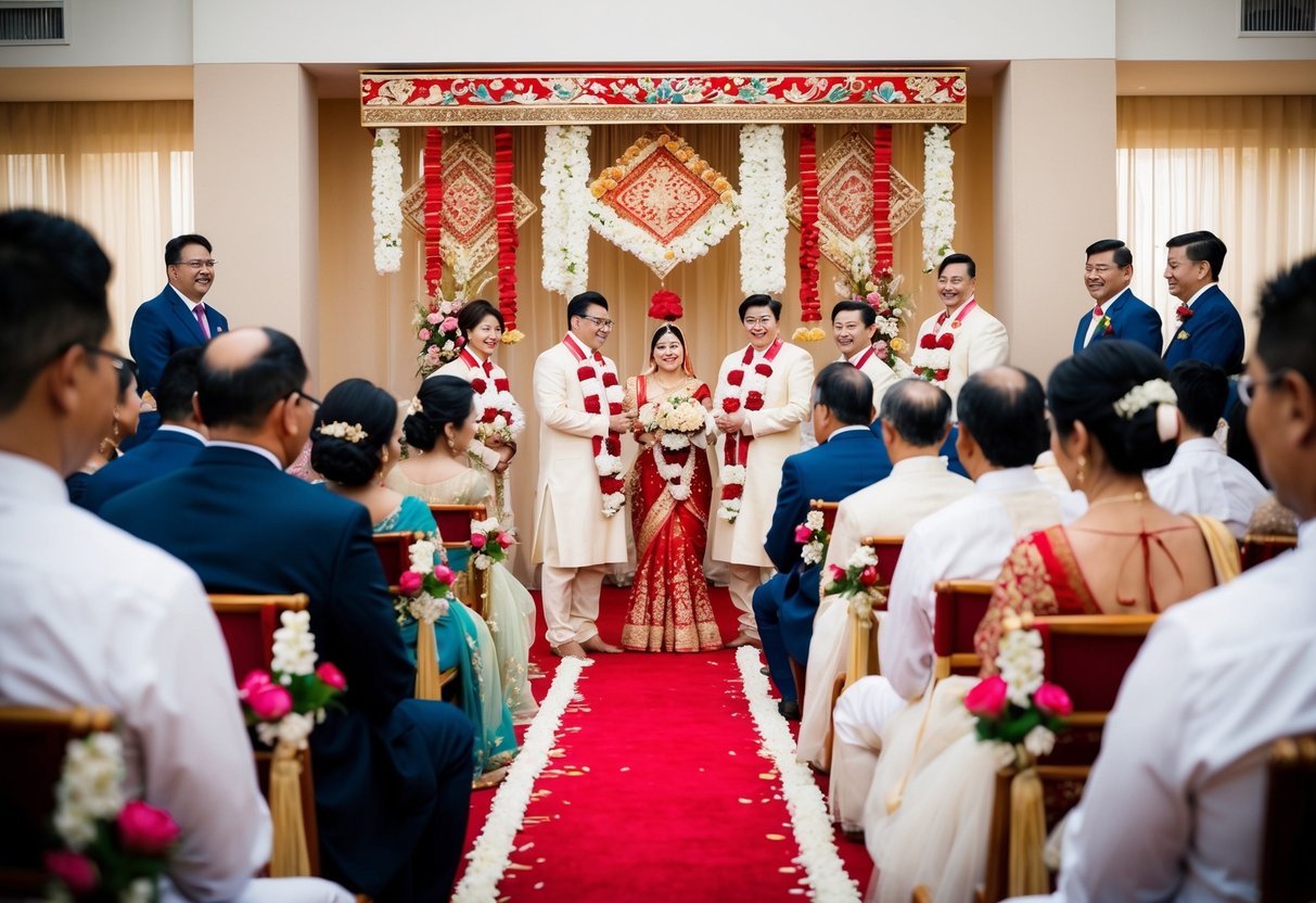 A traditional wedding ceremony with guests, flowers, and cultural decorations