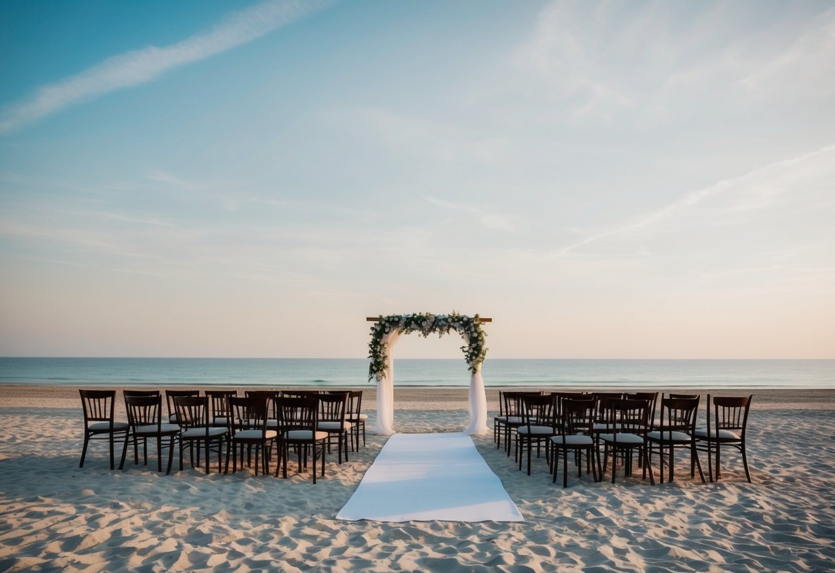 A deserted beach with empty chairs and unoccupied wedding arch