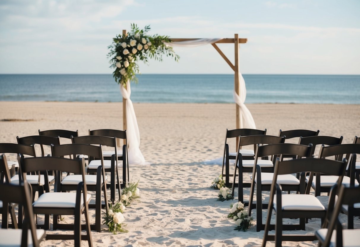 A deserted beach wedding setup with empty chairs and untouched decorations
