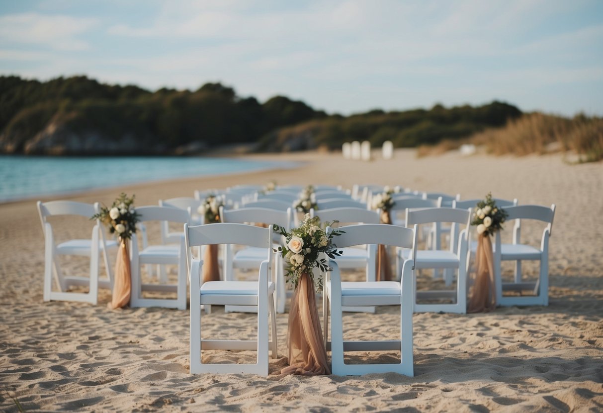 A deserted beach wedding setup with empty chairs and untouched decorations