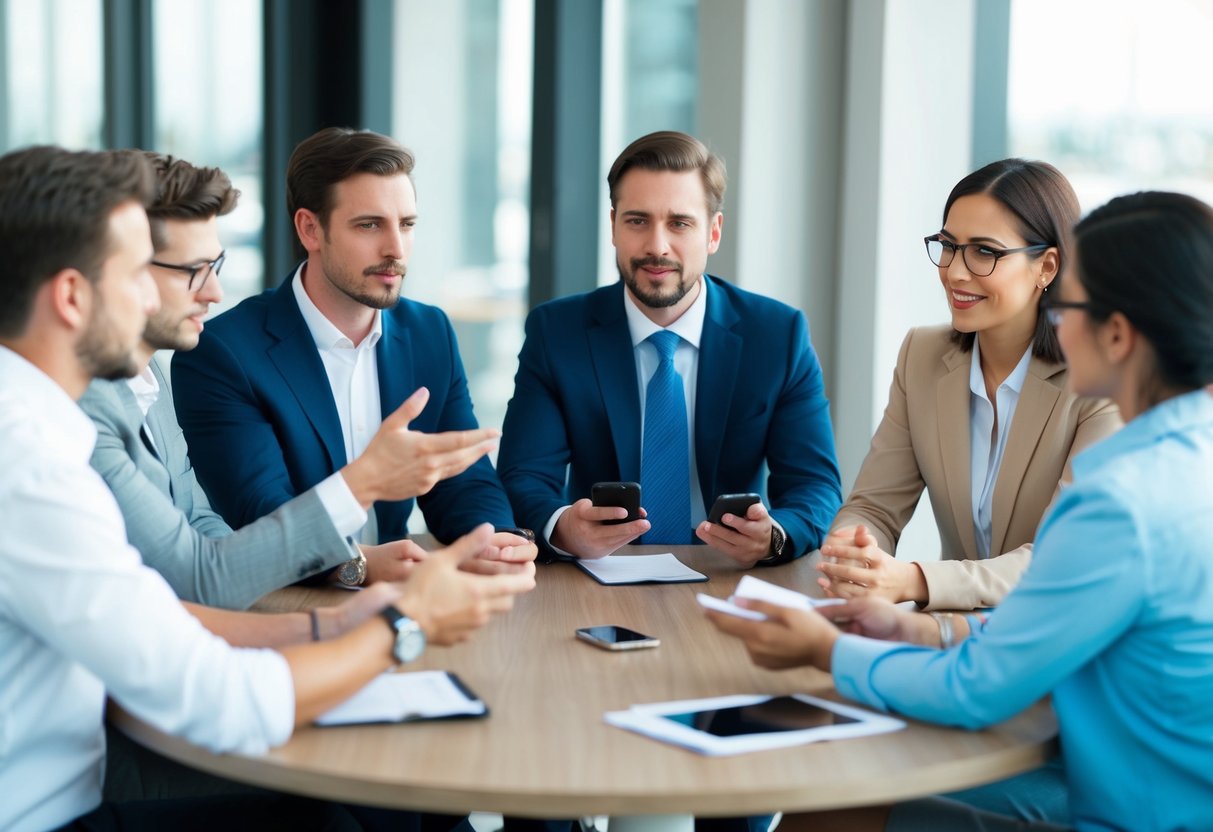 A group of people sitting around a table, gesturing and discussing. Some are holding phones or papers, while others are listening attentively