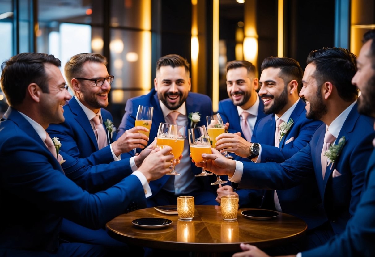 A group of men celebrating with drinks and cigars in a dimly lit, upscale lounge. Laughter and conversation fill the air as they toast to the groom-to-be