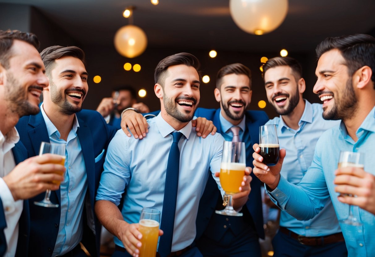 A group of men celebrating at a bachelor party, with drinks, laughter, and camaraderie