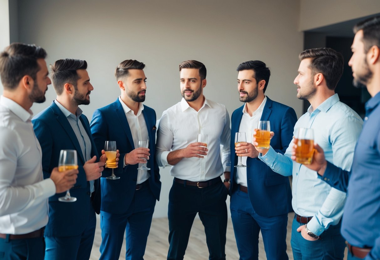 A group of men stand in a circle, some with drinks in hand, discussing and gesturing as they debate whether to invite a brother-in-law to a bachelor party