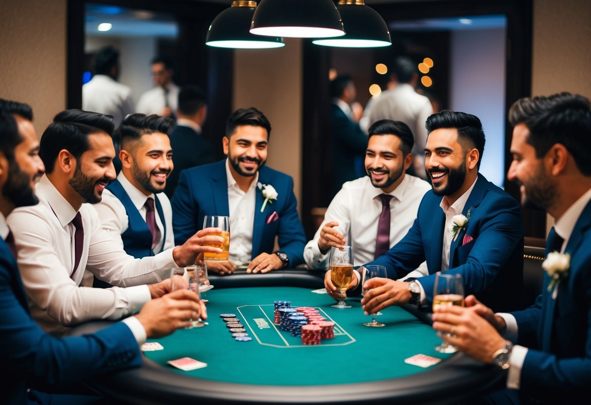 A group of men gather around a poker table, laughing and drinking as they celebrate the upcoming wedding. The room is filled with the sound of clinking glasses and lively conversation