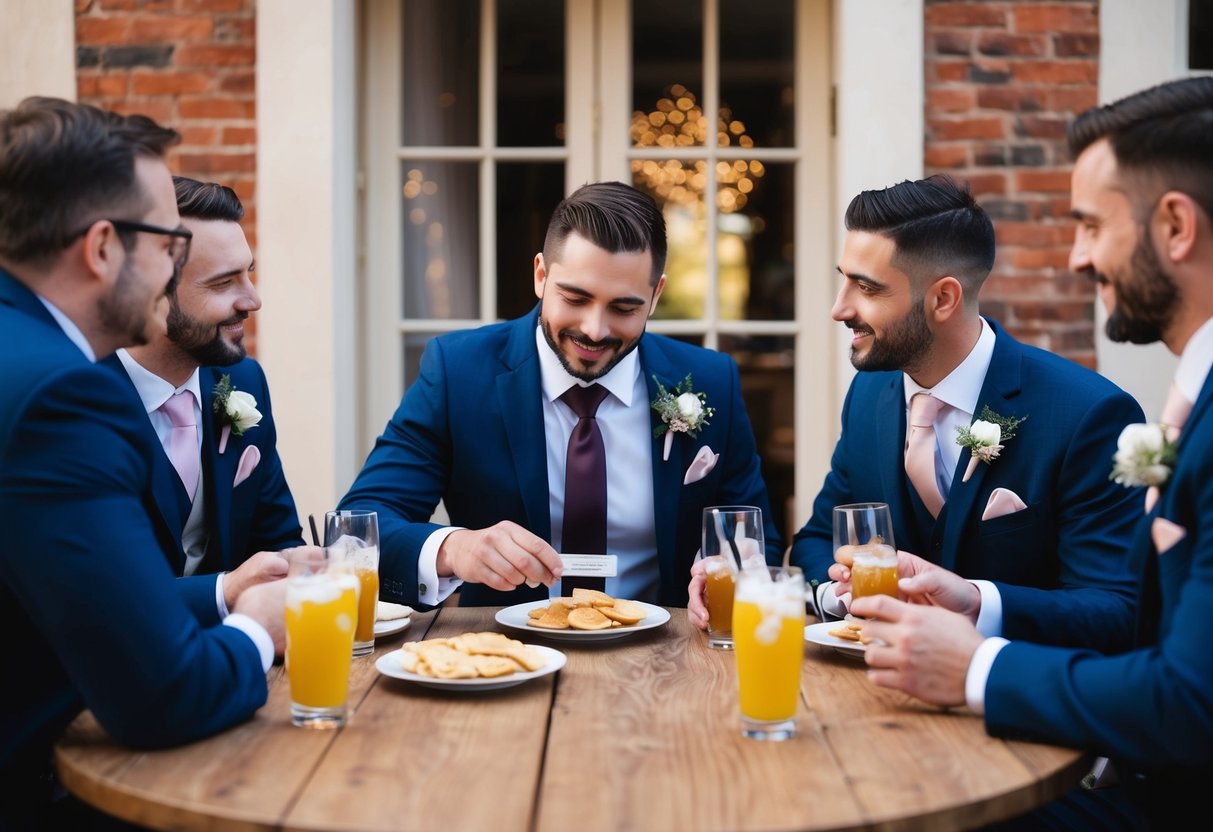 A group of men sitting around a table with drinks and snacks, the best man picking up the bill and paying for the expenses