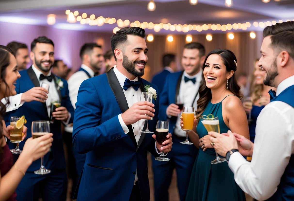 The best man is seen covering all expenses for the bachelor party, including drinks, food, and entertainment, creating a lively and celebratory atmosphere