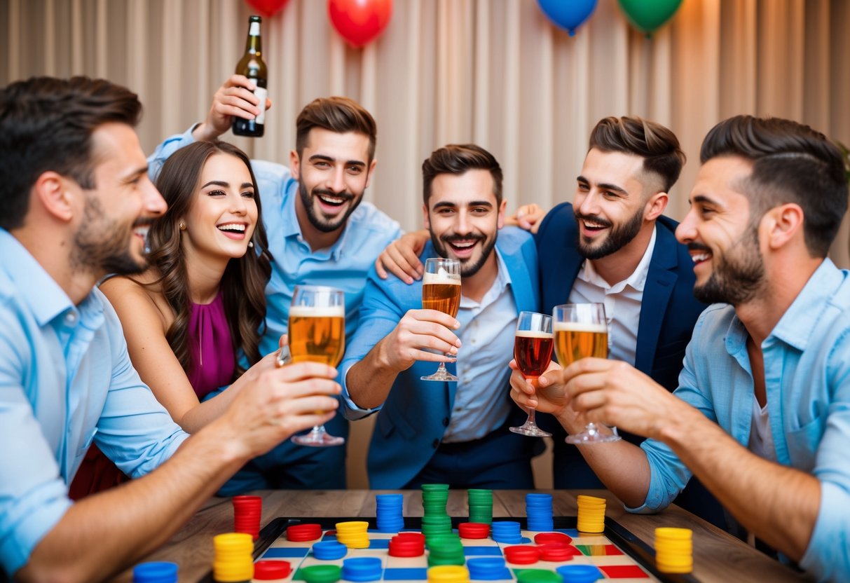 A group of friends celebrate with drinks and games at a bachelor party