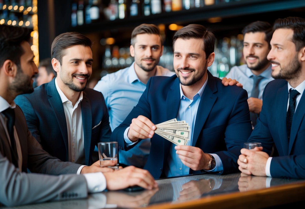 A group of men at a bar, one man holding a stack of cash while others look on expectantly