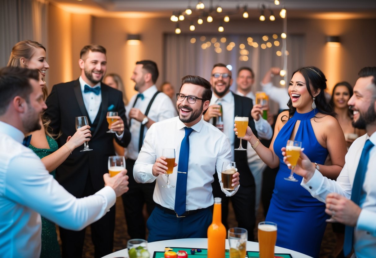 The best man organizes and throws a lively bachelor party with drinks, music, and games