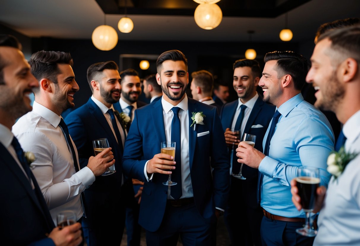 A group of men gather in a dimly lit room, surrounded by drinks and laughter, as the best man prepares to throw a bachelor party