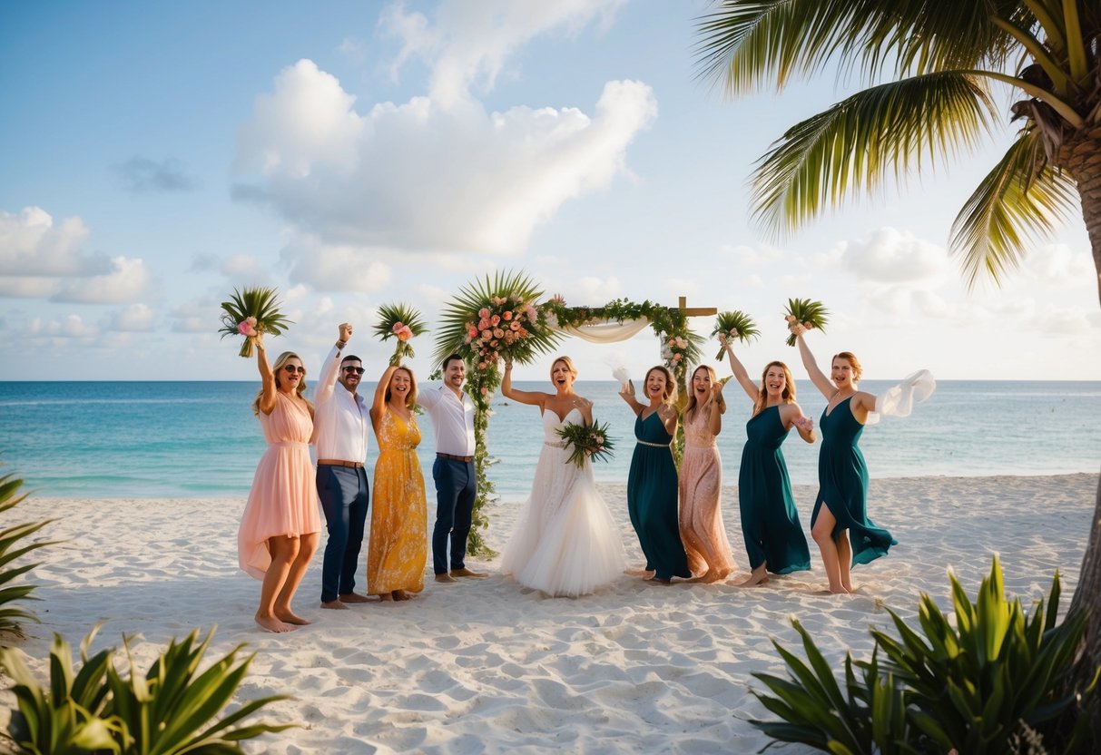 A beachside bridal shower with tropical decor, a view of the ocean, and a group of excited guests celebrating the upcoming destination wedding