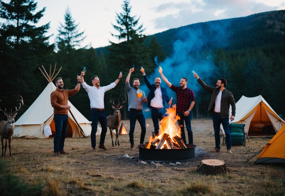 A group of men celebrating in a forest clearing, with a bonfire, tents, and a stag standing nearby