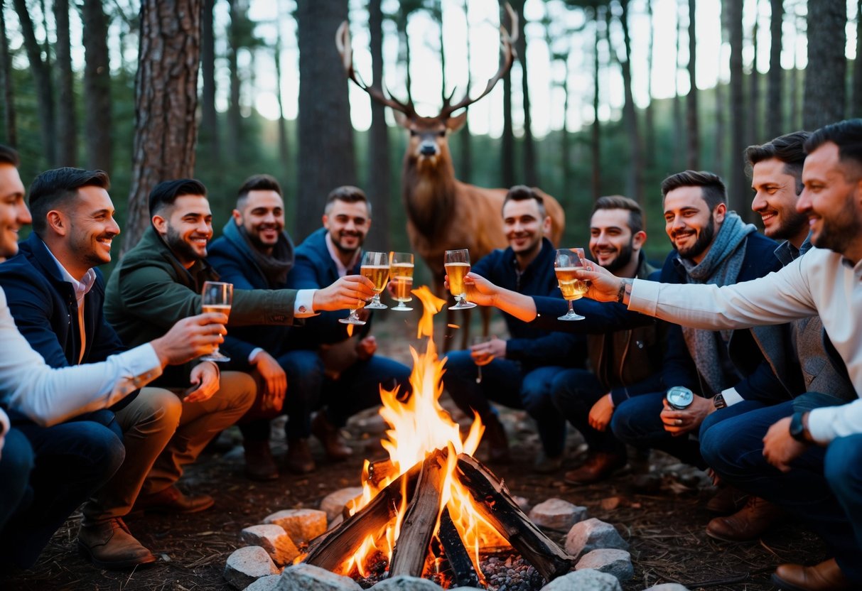 A group of men gathered around a campfire in the woods, raising their glasses in celebration. A stag stands majestically in the background, symbolizing the primal origins of stag parties