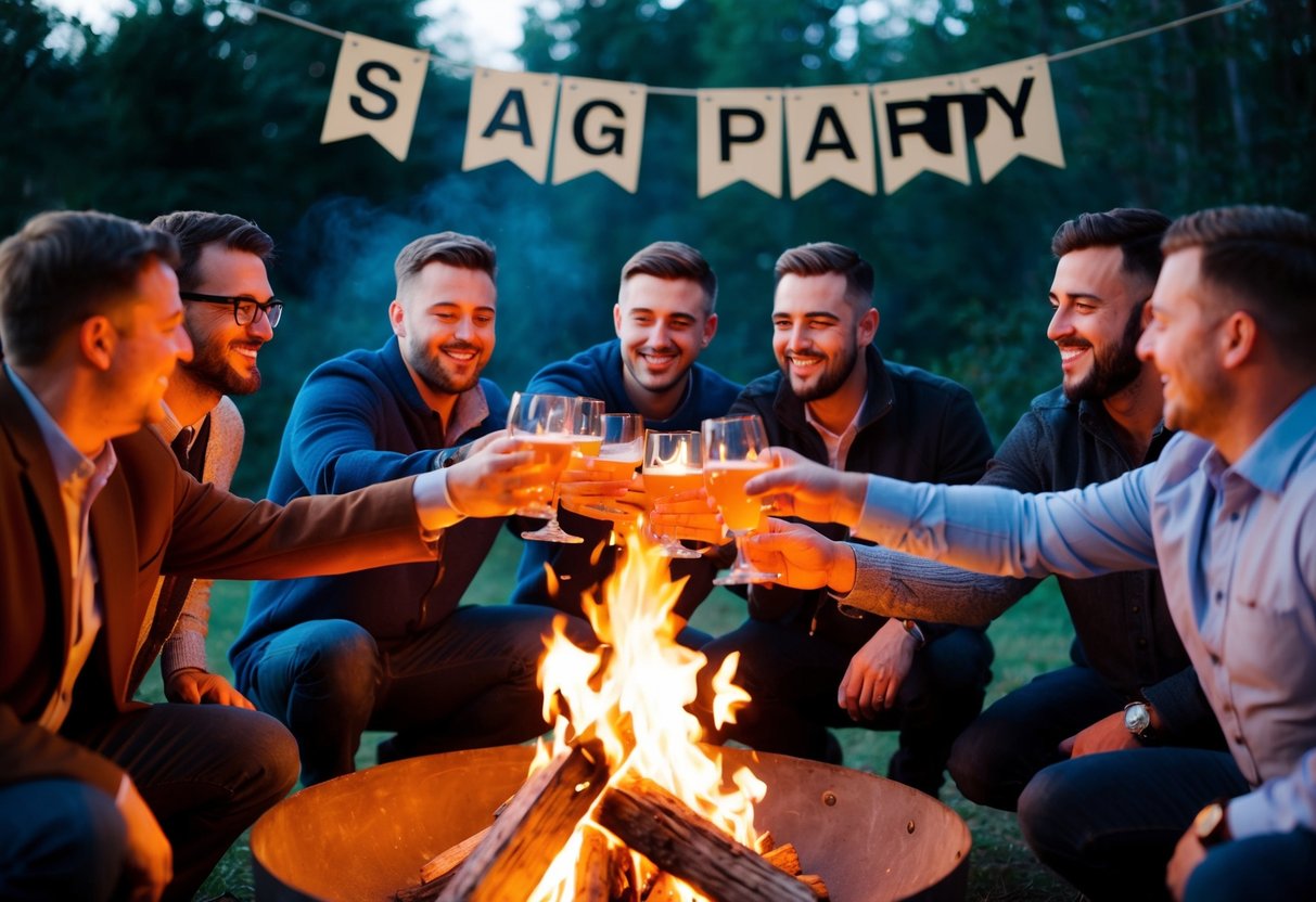 A group of men gathered around a bonfire, toasting drinks and laughing, with a banner reading "Stag Party" hanging in the background