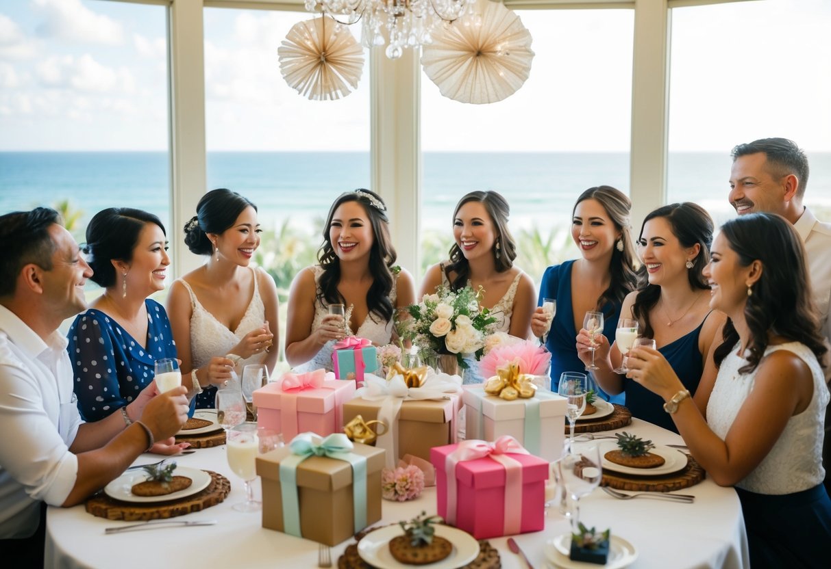 A group of happy guests gather around a table filled with gifts and decorations, enjoying a bridal shower at a beautiful destination wedding location