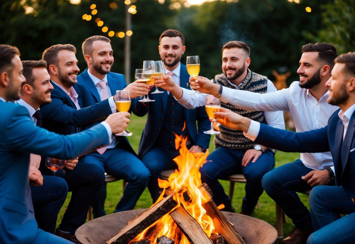 A group of men gathered around a bonfire, raising their glasses in celebration as they partake in traditional stag party activities