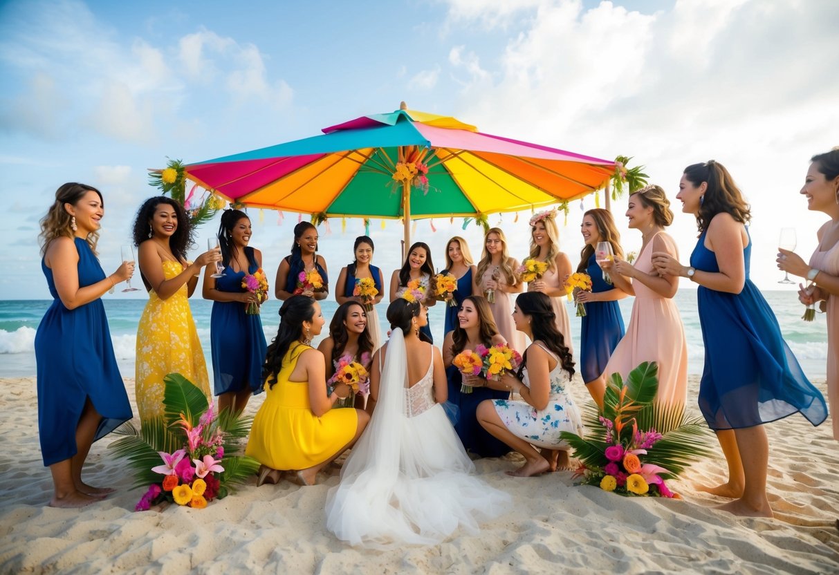 A group of women gather under a colorful canopy on a sandy beach, surrounded by tropical flowers and sparkling ocean waves, celebrating a bridal shower for a destination wedding