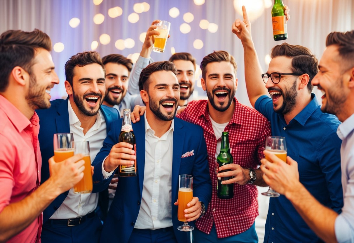 A group of men celebrating, drinking, and laughing at a lively bachelor party