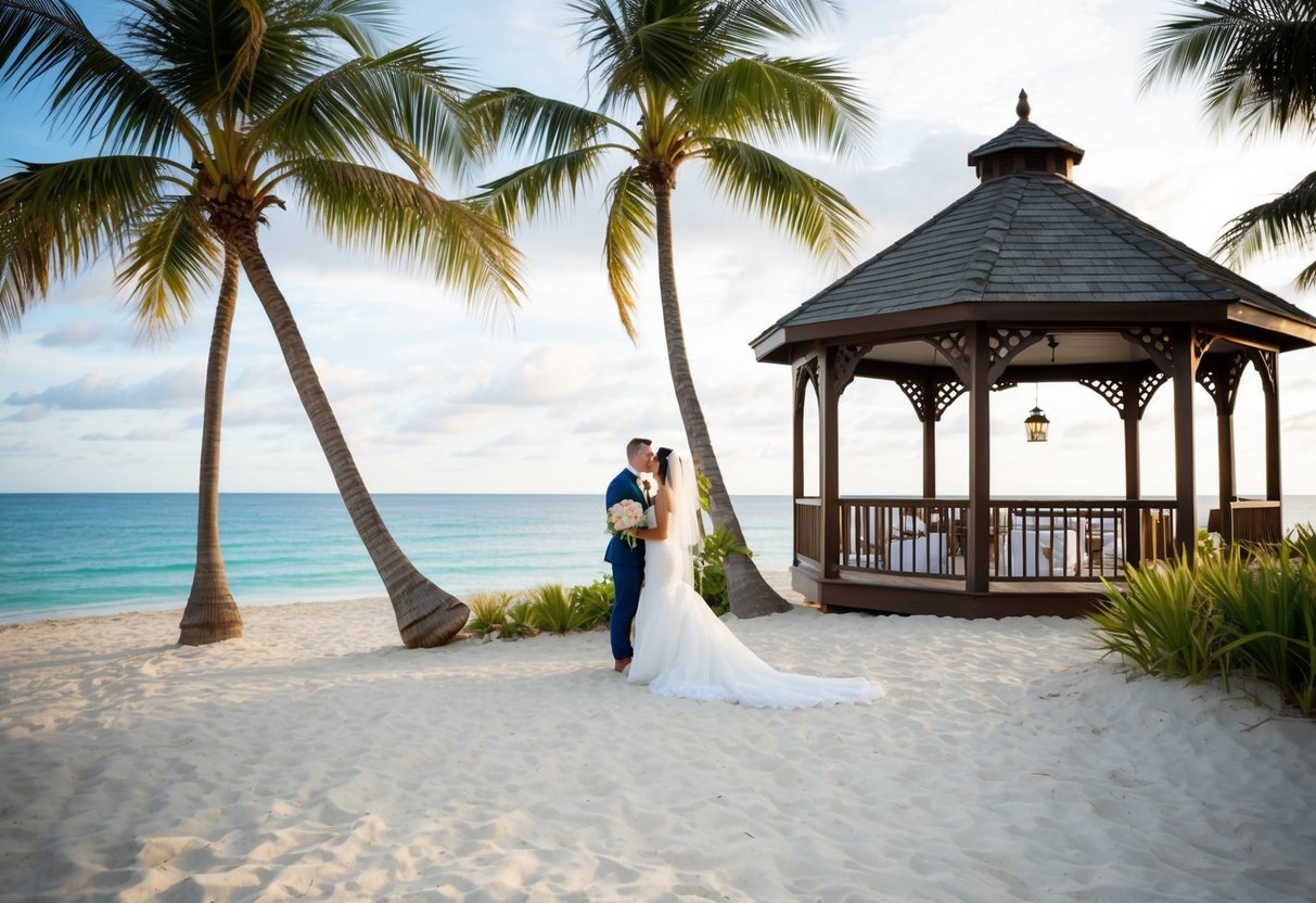 A beach wedding with a tropical setting, palm trees, and a gazebo overlooking the ocean