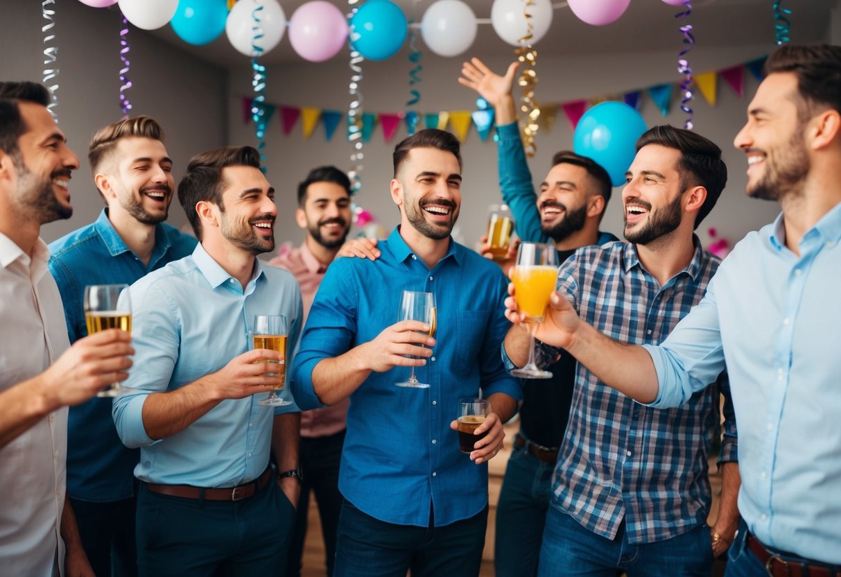A group of men celebrating, with drinks and laughter, in a festive setting decorated with streamers and balloons