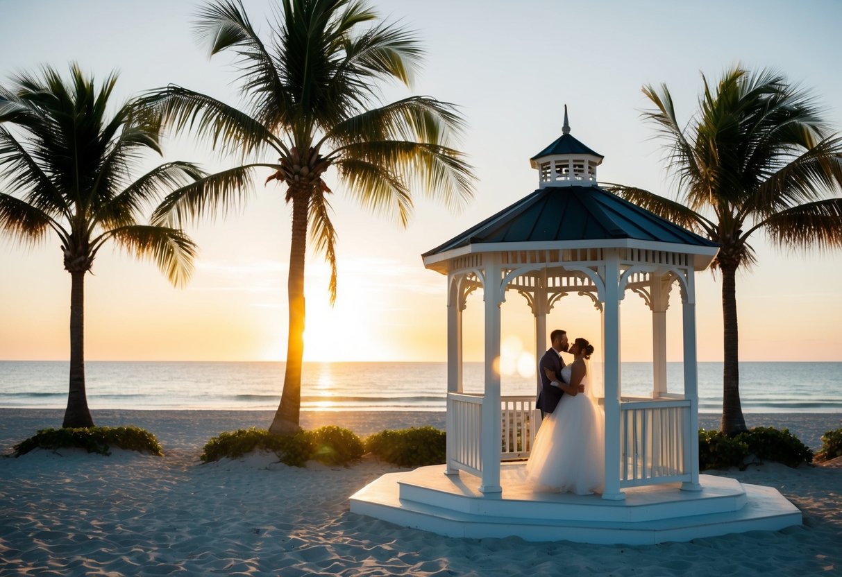 A beach wedding at sunset with palm trees, a gazebo, and the ocean in the background