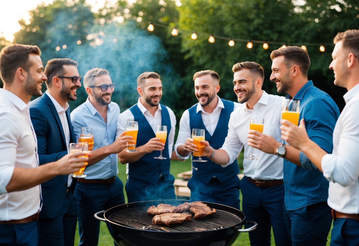 A group of men gathered around a grill, with drinks in hand, laughing and joking as they plan the ultimate stag party
