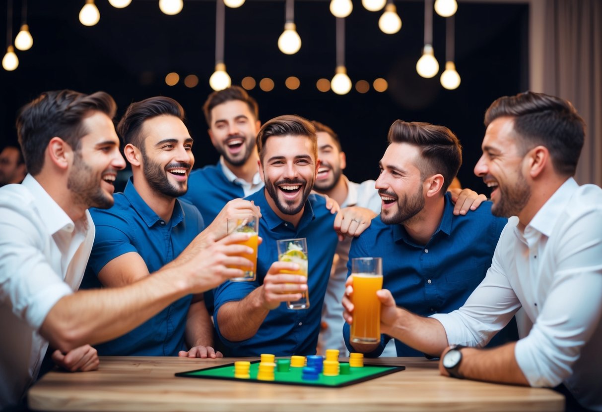 A group of men celebrating with drinks, games, and laughter at a pre-wedding party, known as a "stag party" in American tradition