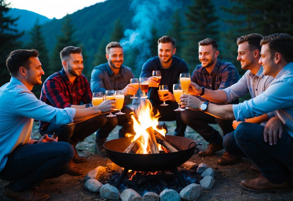A group of men gathered around a campfire, toasting drinks and grilling food in a rustic outdoor setting
