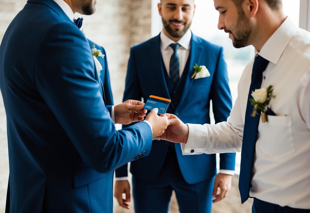A groom hands over a credit card to a tailor measuring groomsmen for suits