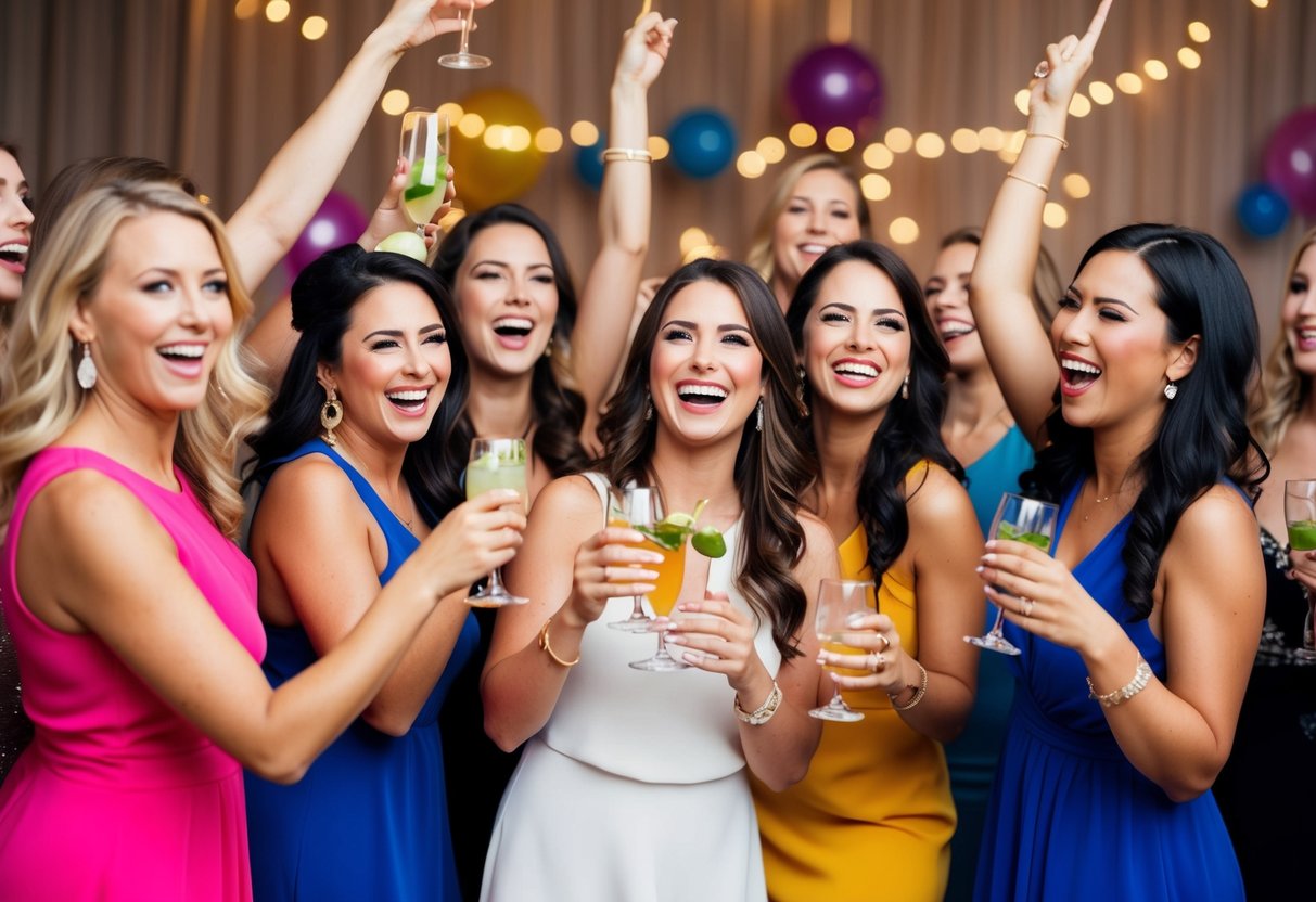 A group of women celebrating at a lively bachelorette party with drinks, dancing, and laughter