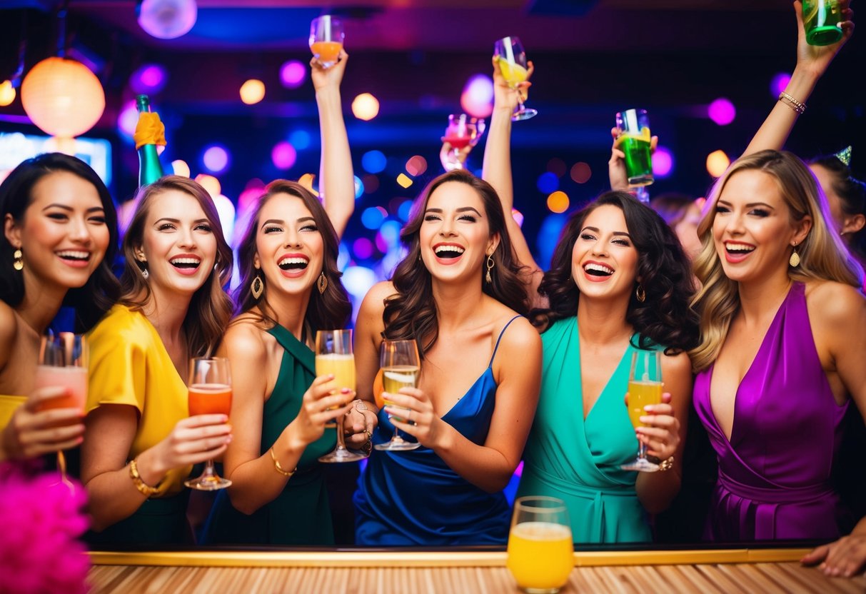 A group of women in party attire celebrating with drinks and laughter at a lively bar or nightclub