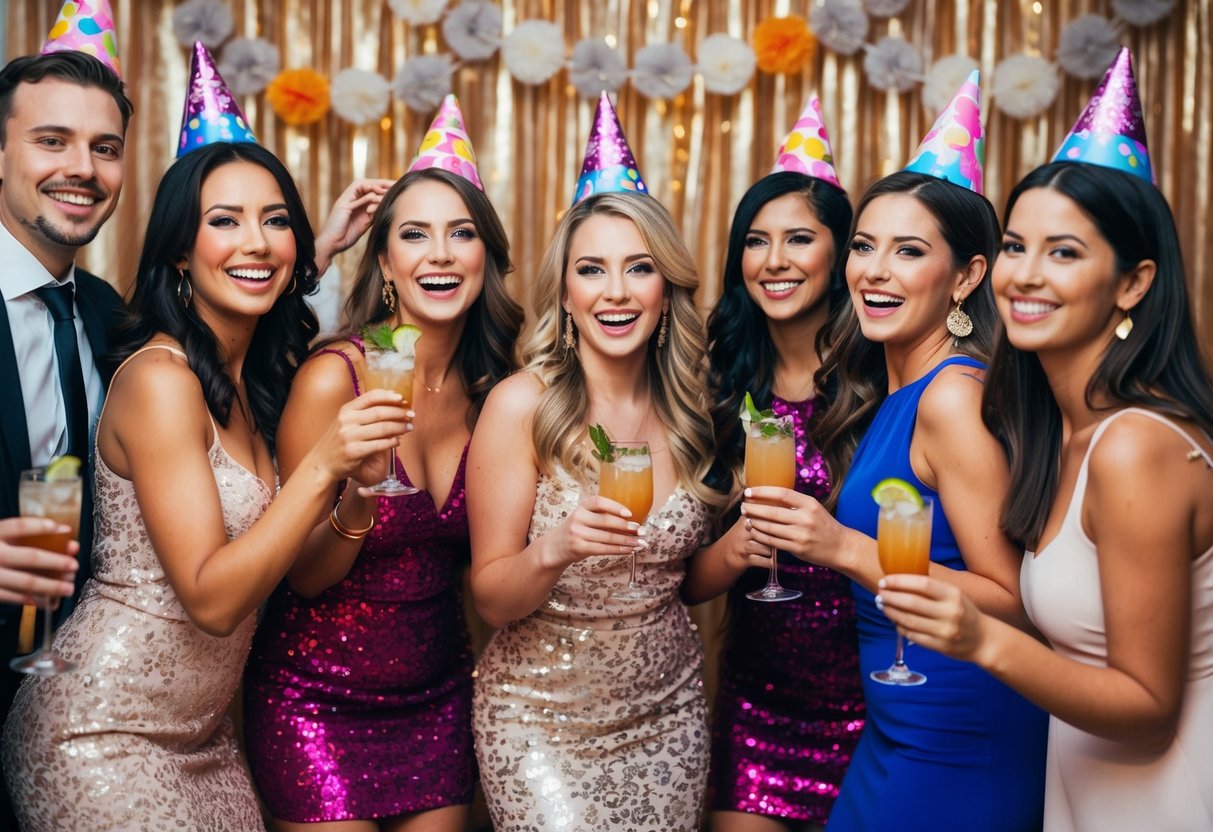 A group of women in party attire celebrating at a bachelorette party with cocktails and decorations