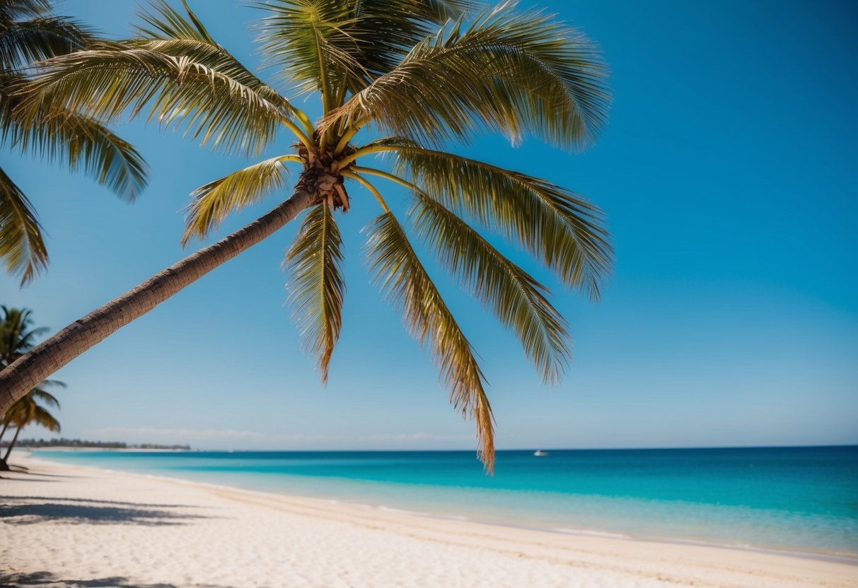 A sunny beach with palm trees, clear blue skies, and a gentle breeze, perfect for a destination wedding