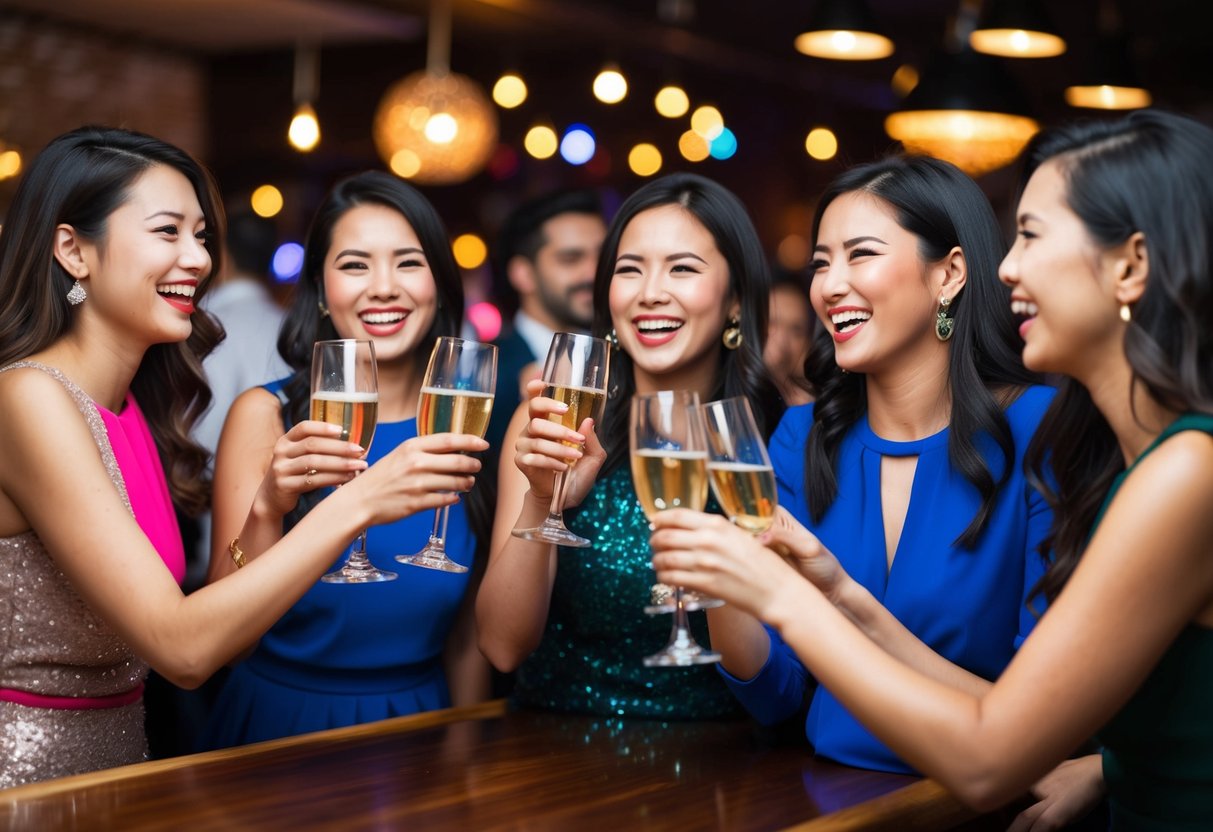 A group of women in party attire, clinking glasses and laughing in a lively bar setting