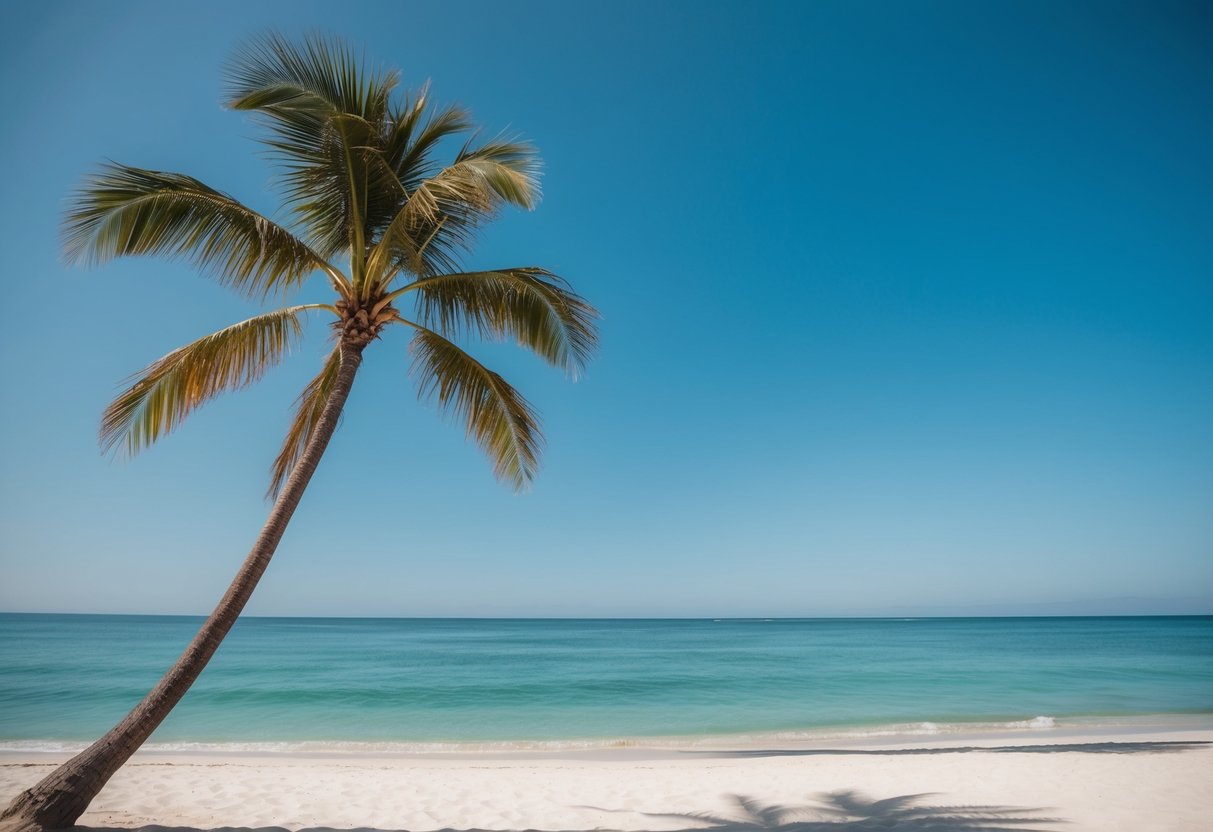 A serene beach with clear blue skies, gentle waves, and palm trees swaying in the breeze, perfect for a destination wedding