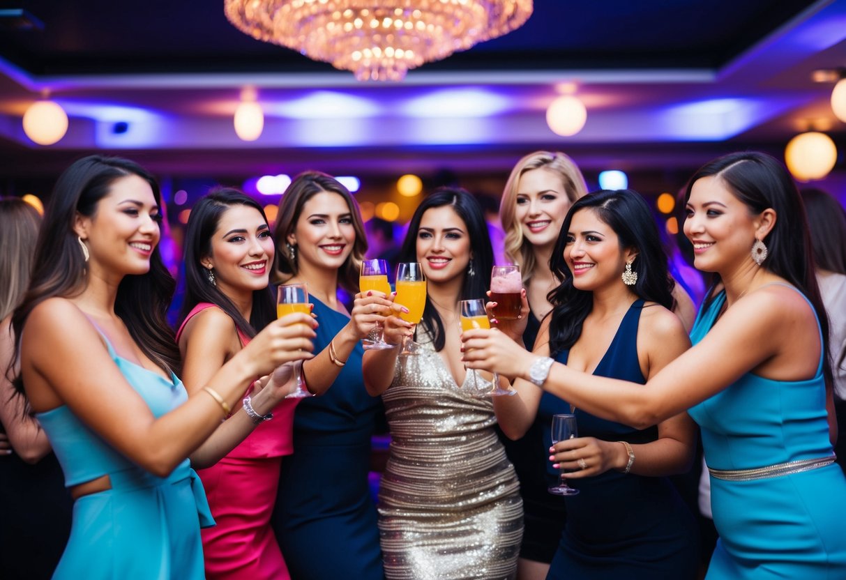 A group of women celebrating at a nightclub, dancing, and toasting with drinks