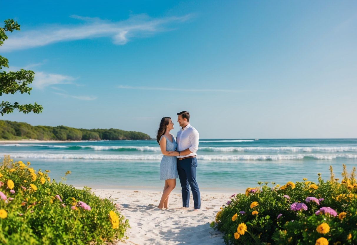 A couple standing in a serene beach setting with clear blue skies and gentle waves, surrounded by lush greenery and colorful flowers