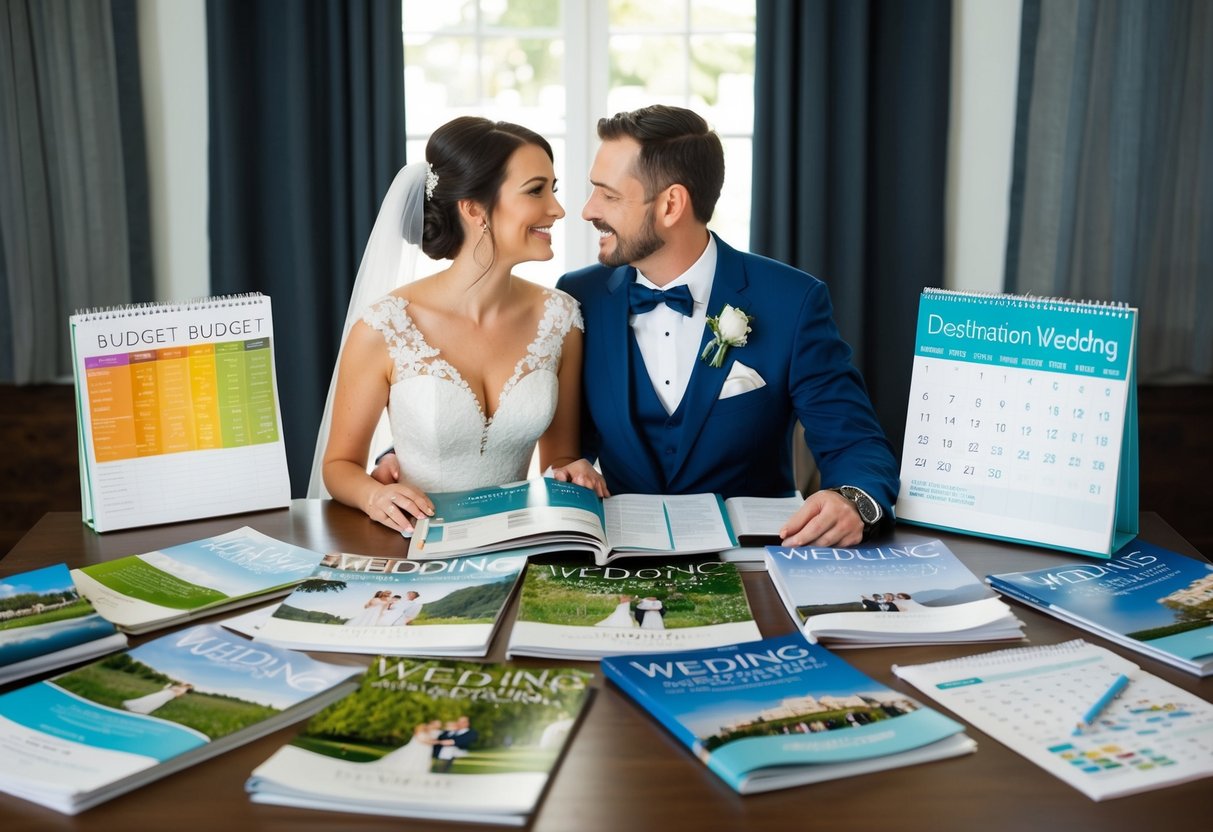 A couple sits at a table covered in wedding magazines and budget spreadsheets, surrounded by colorful destination wedding brochures and a calendar showing different seasons
