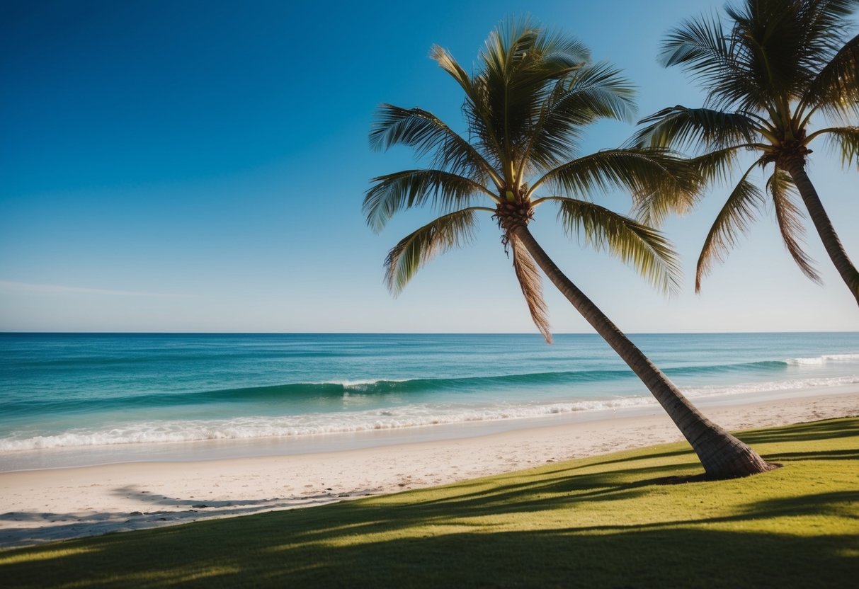A beautiful beach setting with clear blue skies, gentle waves, and palm trees swaying in the breeze, perfect for a destination wedding