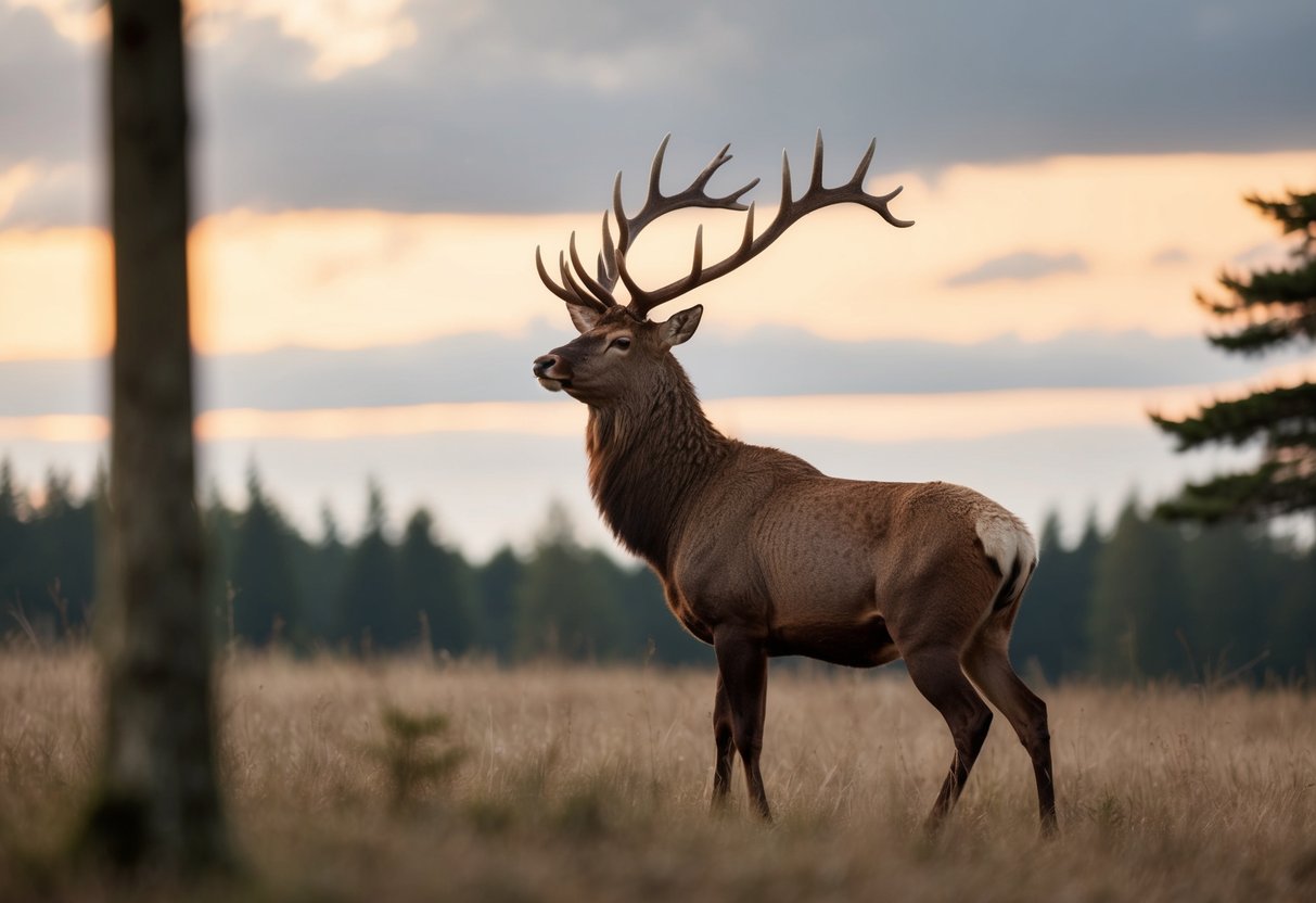 A majestic stag stands proudly in a forest clearing, its antlers reaching towards the sky as it surveys its surroundings