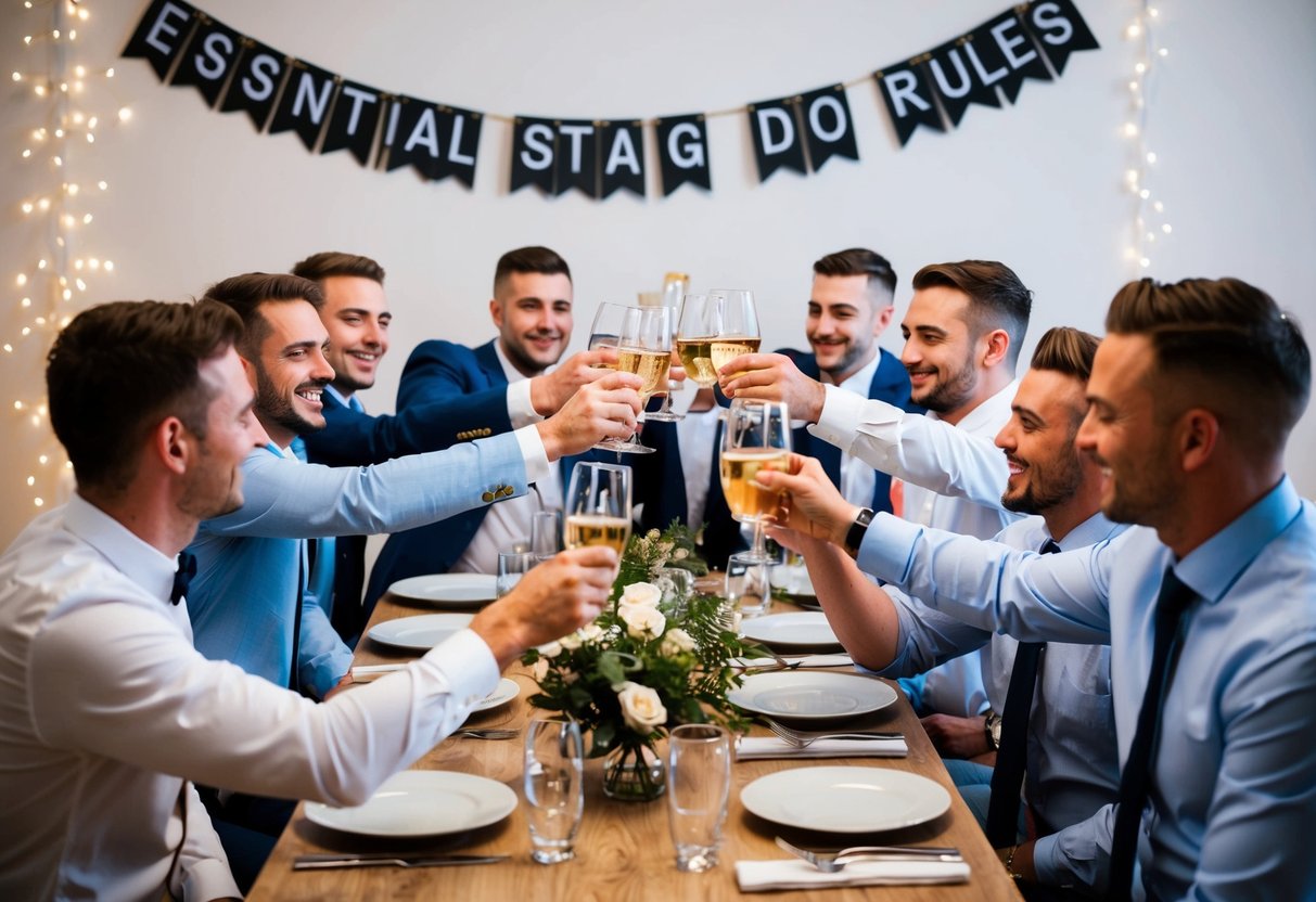 A group of men gathered around a table, raising their glasses in a toast. A banner with "Essential Stag Do Rules" hangs in the background